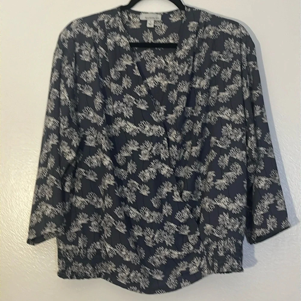 Allison Joy by Evereve | Slate blue faux wrap blouse smocked sides Women size L